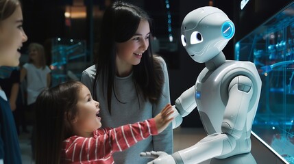 Mom with kids are excited to interact with a robot visiting together science museum Concept of modern technologies and childrens education : Generative AI