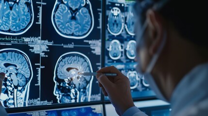 Doctor surgeon and neurologist checking brain testing result and medical diagnosis and examine patient brain with Science and technology Digital medical healthcare : Generative AI
