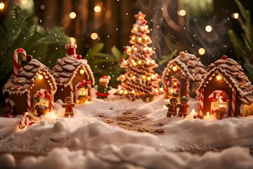 Christmas Gingerbread Village with Lit Houses and Gingerbread Men.