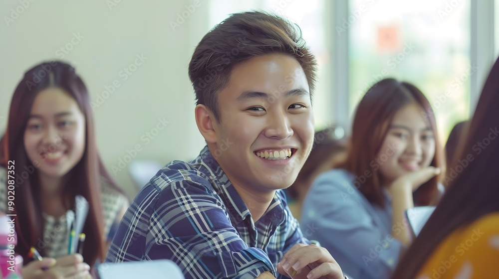 Leinwandbilder university classroom diverse group of young students asian collaborate study together sharing smiles