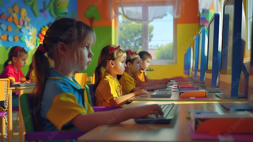 Poster elementary school children learning basic computer knowledge teacher educating smart diverse kids in