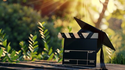 Film education banner graduation cap and clapperboard college graduate celebrating media industry : Generative AI