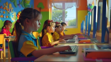 Elementary School Children Learning Basic Computer Knowledge Teacher Educating Smart Diverse Kids in a Modern Colorful Classroom Schoolchildren Getting Experience with Technology : Generative AI