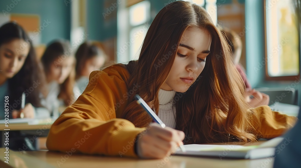 Poster Woman students and writing with test in classroom for exam study or assignment at university Female person or group busy on project or essay with notebook for higher education lesson o : Generative AI