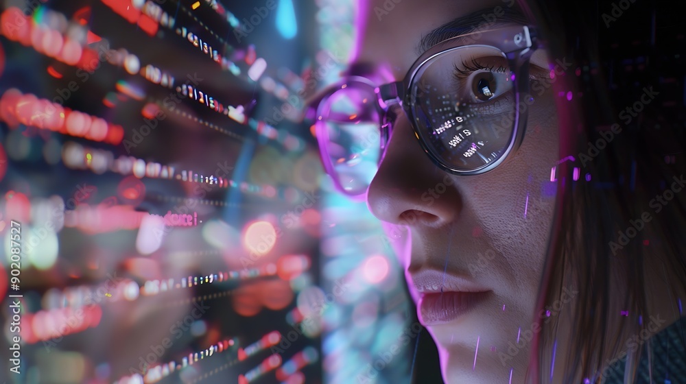 Poster Software coding hologram and woman in data analytics information technology and gdpr overlay Programmer or IT person in glasses reading script programming and cybersecurity research on : Generative AI