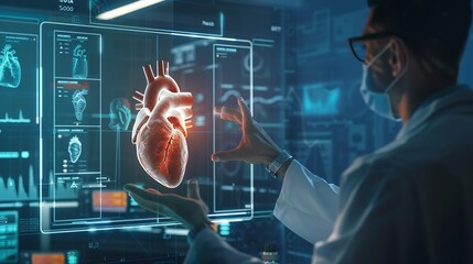 Cardiologist doctor examine patient heart functions and blood vessel on virtual interface Medical technology and healthcare treatment to diagnose heart disorder and disease of cardiova : Generative AI