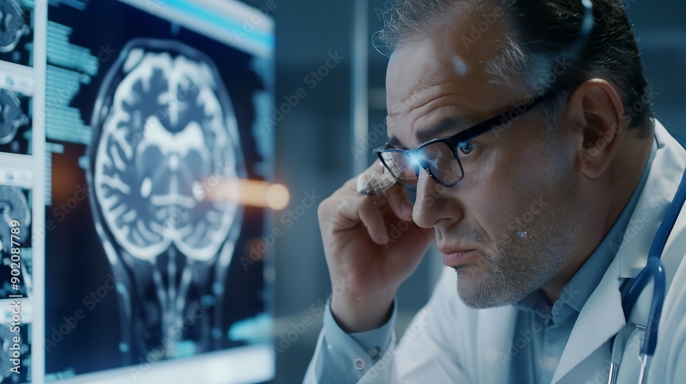 Poster doctor checking brain testing result with innovative medical technology diagnose and examine patient