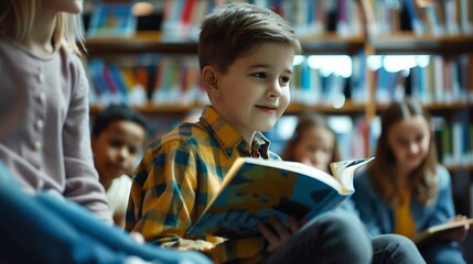 Caucasian boy reading a book while group of smart students sitting at library Attractive child studying learning from novel or textbook while children talking chitchat about education  : Generative AI