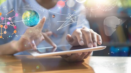 Engaging with Diverse ELearning Opportunities on Tablet An individual taps into a variety of elearning options on a tablet highlighting the diverse educational content available digita : Generative AI