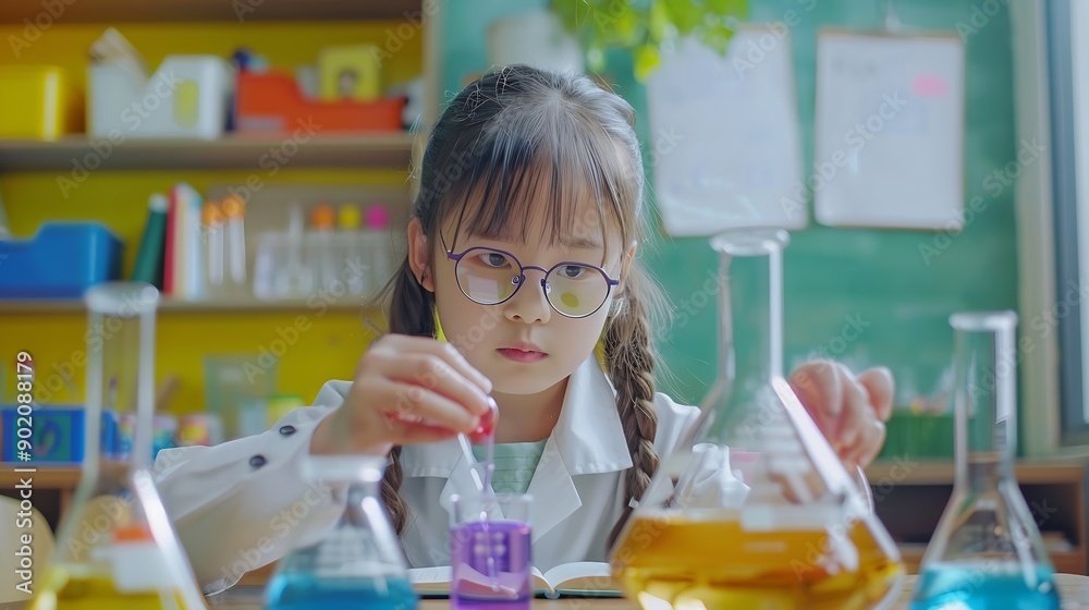 Poster girl classroom and science beaker for learning education and test with smart or intelligent child st