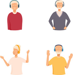 Fototapeta premium Illustration collection of four joyful people of different ages wearing headphones, isolated on a white background