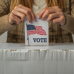 A person puts a US presidential election ballot into a ballot box