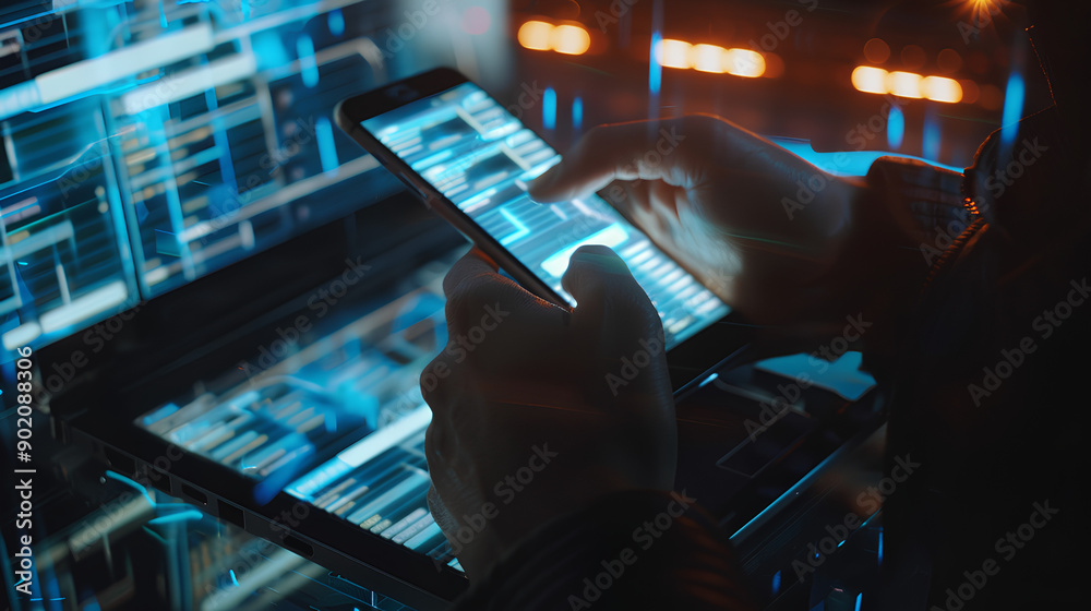 Poster cyber security, data protection concept. user using mobile phone and laptop computer with privacy se