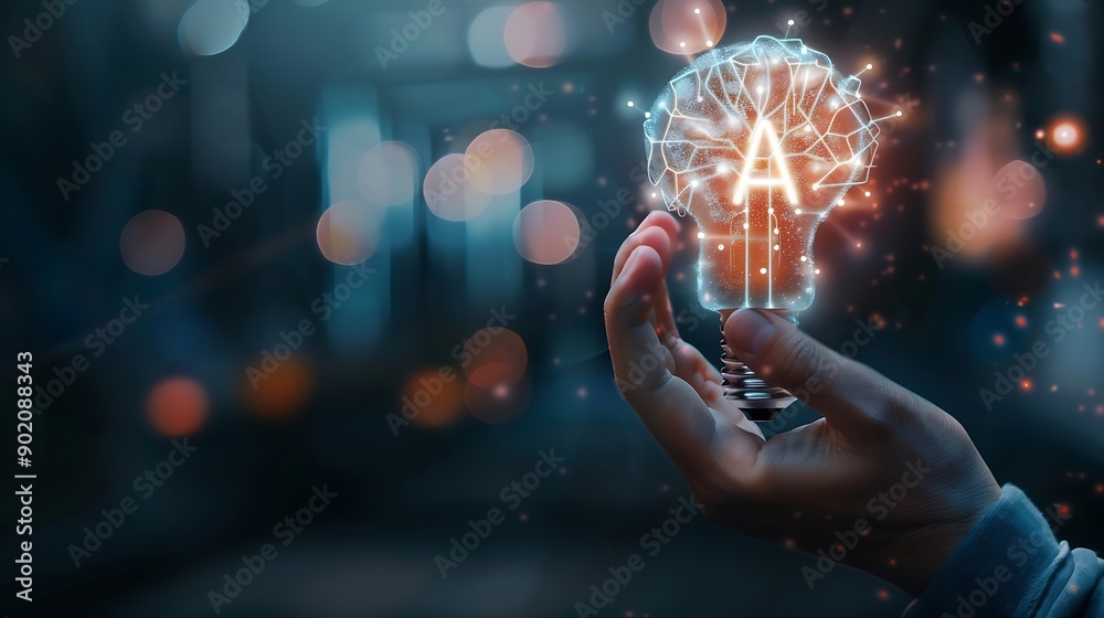 Poster AI Artificial Intelligence Technology concept Businessman holding a glowing lightbulb with AI symbol representing artificial intelligence technology innovation and future digital advan : Generative AI
