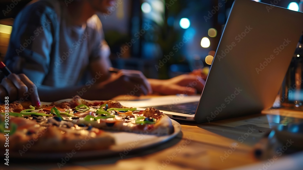 Poster business people laptop and planning for design at night in office creative agency and overtime food 