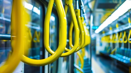 This is a closeup view of multiple yellow passenger handles located inside the carriage of an MRT train : Generative AI