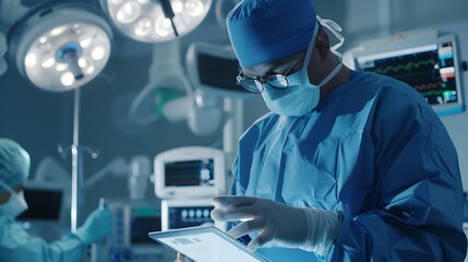 Doctor Utilizing Advanced Digital Tablet Technology in Modern Healthcare Medical Professional in Operating Room Analyzing RealTime Patient Data CuttingEdge Medical Innovations and solu : Generative AI