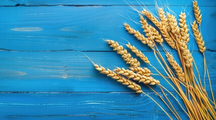 World Food Day Concept with Wheat Ears on Blue Wooden Background