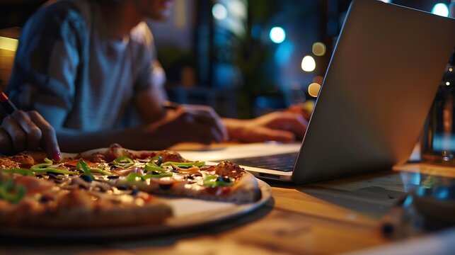 Business people laptop and planning for design at night in office creative agency and overtime food for project Teamwork support and problem solving in pizza meeting for deadline and d : Generative AI