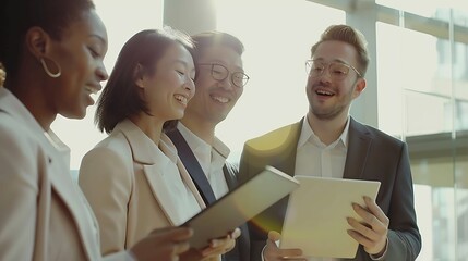 Fototapeta premium Business people team and laughing with tablet in office for funny online browsing comic email and research Group employees or collaboration with digital tech for planning networking or : Generative AI