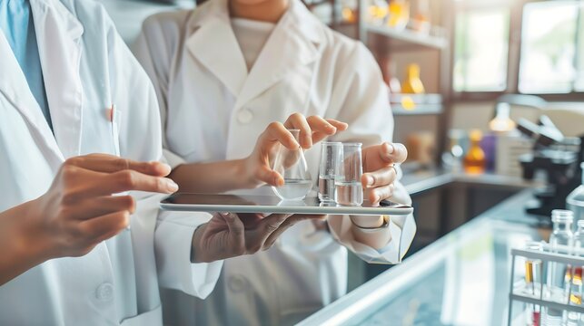 People teamwork or scientists on tablet for test tube results life extension or antiaging medicine in laboratory Assistant vial or biologists with chemistry research liquid or science  : Generative AI