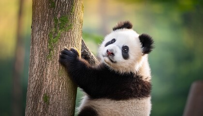 Fototapeta premium Cute panda bear climbing tree in forest