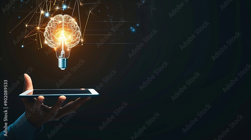 Fototapete hand holding tablet with bulb for artificial intelligence or ai brain analysis informationtechnology