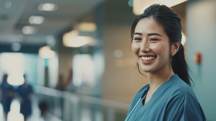 Fototapeta premium Young confident female student smiles while standing in a medical education environment Happy medical student wearing scrubs in a teaching hospital ready to pursue a career in a medici : Generative AI
