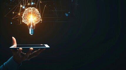 Hand holding tablet with bulb for Artificial Intelligence or AI brain analysis informationTechnology and science conceptmachine learning systemHitech and futuristic world : Generative AI