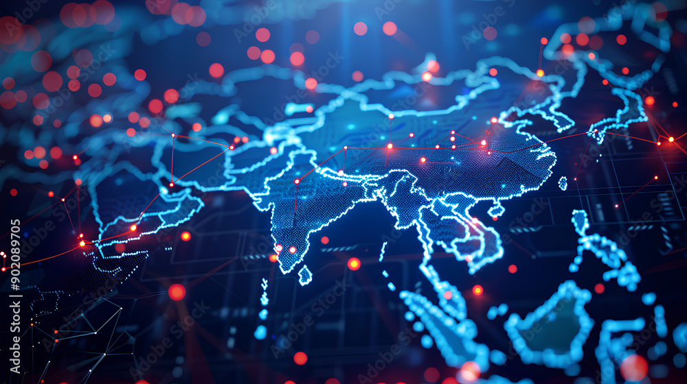 Wall mural digital map of asia, concept of global network and connectivity, data transfer and cyber technology,