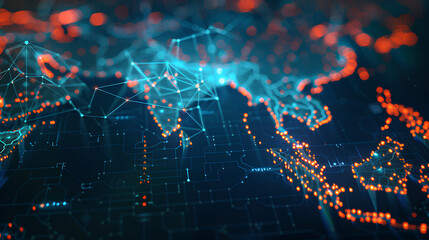 Obraz premium Digital map of Asia, concept of global network and connectivity, data transfer and cyber technology, business exchange, information and telecommunication 