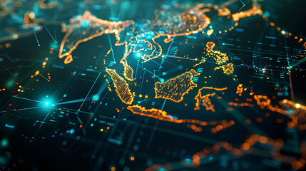 Obraz premium Digital map of Asia, concept of global network and connectivity, data transfer and cyber technology, business exchange, information and telecommunication 