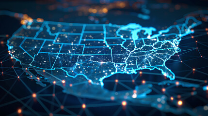 Obraz premium Digital map of USA, concept of American global network and connectivity, data transfer and cyber technology, electronic vote, information exchange and telecommunication 