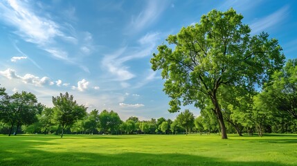 Naklejka premium Green tree forest meadow field in city park blue sky Nature green scene background : Generative AI