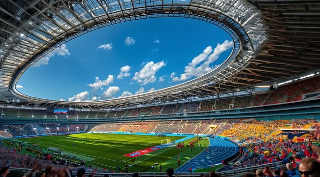 Spectacular Stadium View During Afternoon Soccer Match in Sunny Location. Generative AI
