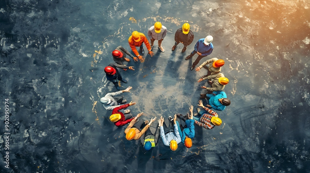 Poster teamwork image of people of various professions forming a circle businessman engineer researcher sec