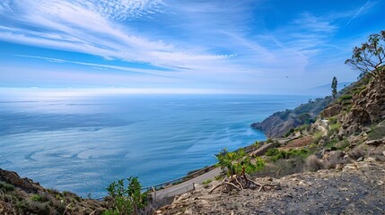 View Atlantic Ocean from mountain in Tangier Morocco  Winding road blue ocean and rocks : Generative AI