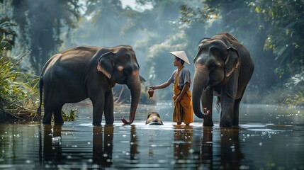 Mahouts (elephant caretakers) interacting friendly with the elephants