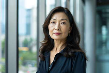 Portrait of beautiful middle-aged asian business woman looking at camera while standing in modern office