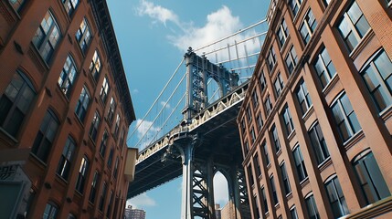 Fototapeta premium View of the Manhattan Bridge in between two New York City apartment buildings : Generative AI