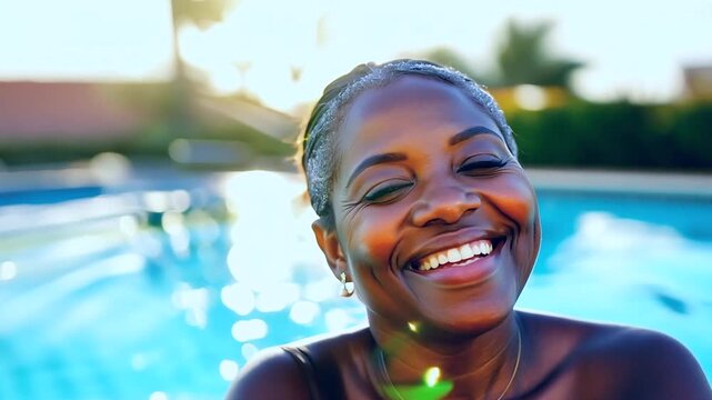 Woman sitting on a poolside smiling