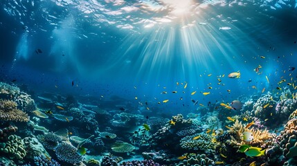 Fototapeta premium Underwater Background Point of View from Underwater Diving Natural Sun Ray Indo Pacific Ocean Southeast Asia : Generative AI