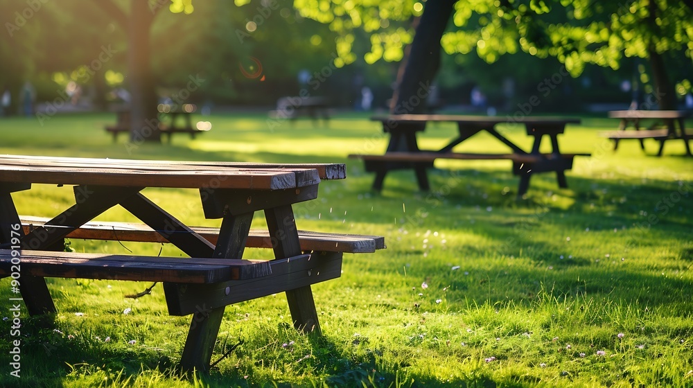 Poster park picnic table bench rest relax outdoors benches and tables on green grass in recreational area :