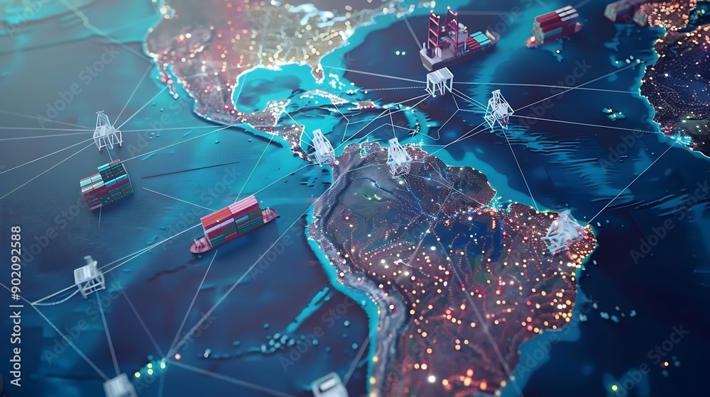 Aufkleber World map with logistic network distribution on background Logistic and transport concept in front Container Cargo freight ship for Concept of fast or instant shipping Online goods ord : Generative AI