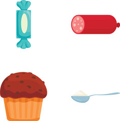 Assorted food icons set with vector illustrations of candy, sausage, muffin, and more for culinary themes and kitchen preparation