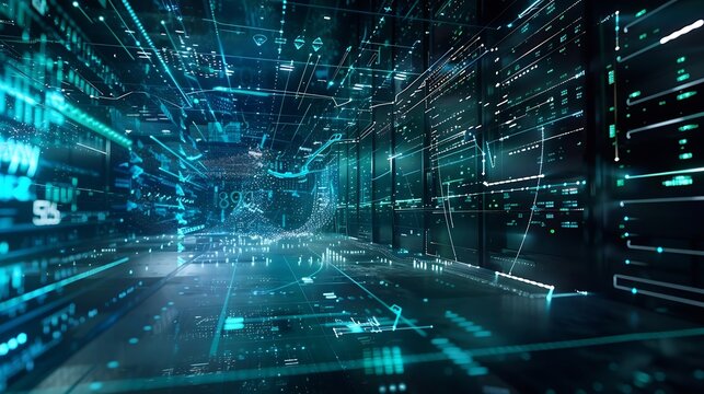 Image of mathematical equations and data processing over server room Global technology computing and digital interface concept digitally generated image : Generative AI - Powered by Adobe