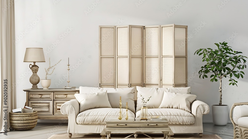 Poster light living room with folding screen comfortable sofa coffee table and chest of drawers : generativ