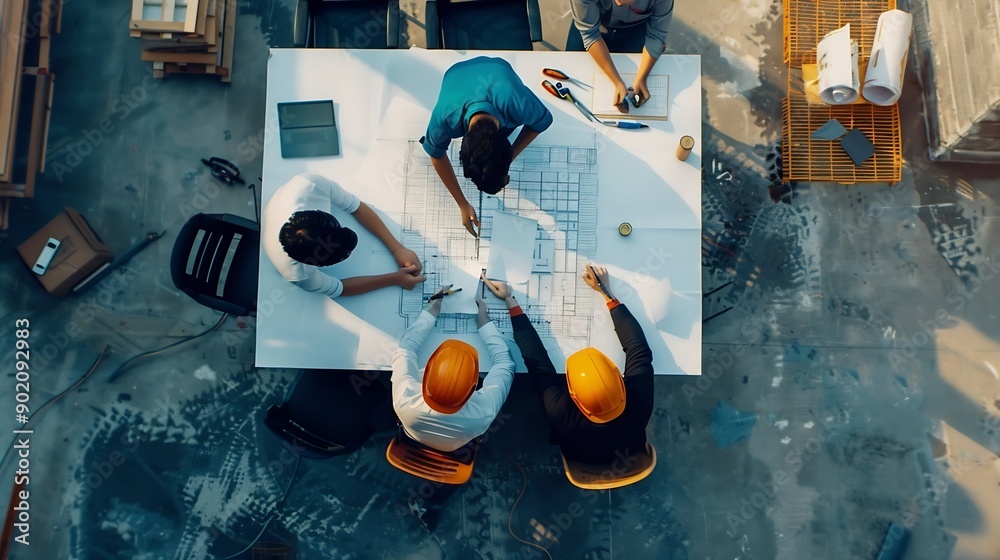 Fototapete top down aerial view of architect engineer team shake hands and discussing about building constructi