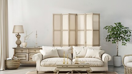 Light living room with folding screen comfortable sofa coffee table and chest of drawers : Generative AI