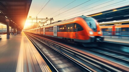 Fototapeta premium Highspeed orange passenger train moving at railway station platform at sunset Train station Modern railway transportation concept with blurred motion effect Railroad Commercial transpo : Generative AI